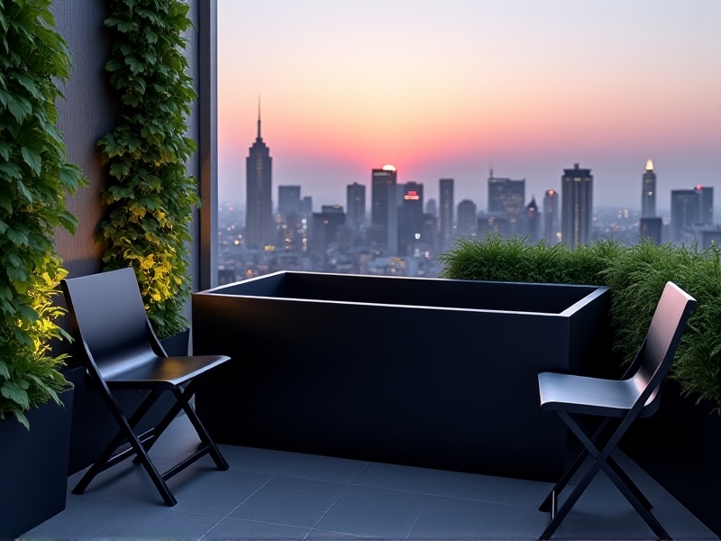 A compact ice bath nestled in a 6-foot balcony space in a high-rise apartment. A sleek black polyethylene tub with a removable lid sits beside folding chairs and vertical herb gardens. The city skyline blurs in the background under a twilight sky, emphasizing space efficiency.