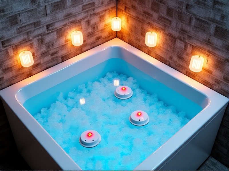 A converted white chest freezer serving as an ice bath in a loft-style apartment. The unit’s interior is lined with blue waterproof sealant, filled with crushed ice and floating temperature sensors. Industrial exposed brick walls and Edison bulb lighting frame the scene, blending functionality with urban aesthetics.