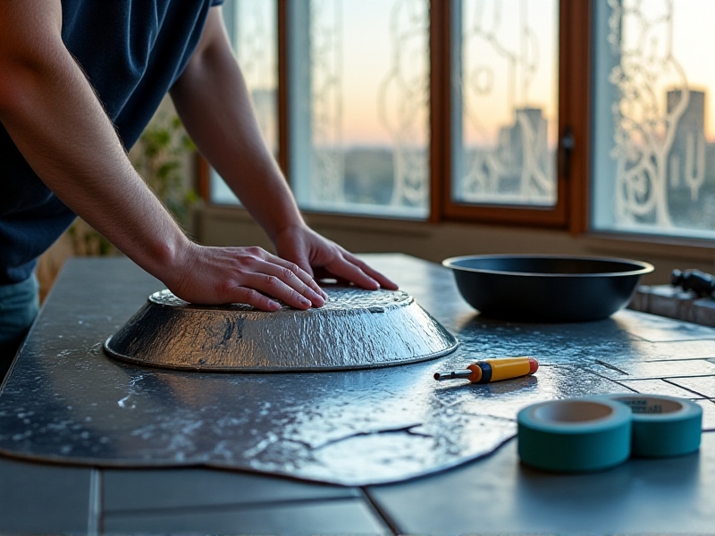 Close-up of hands applying silver foil-faced foam insulation to the exterior of a circular plastic ice bath. Tools like a utility knife and waterproof tape sit on a mosaic-tiled patio table, with a skyline visible through a nearby window. Morning light highlights the textured materials.