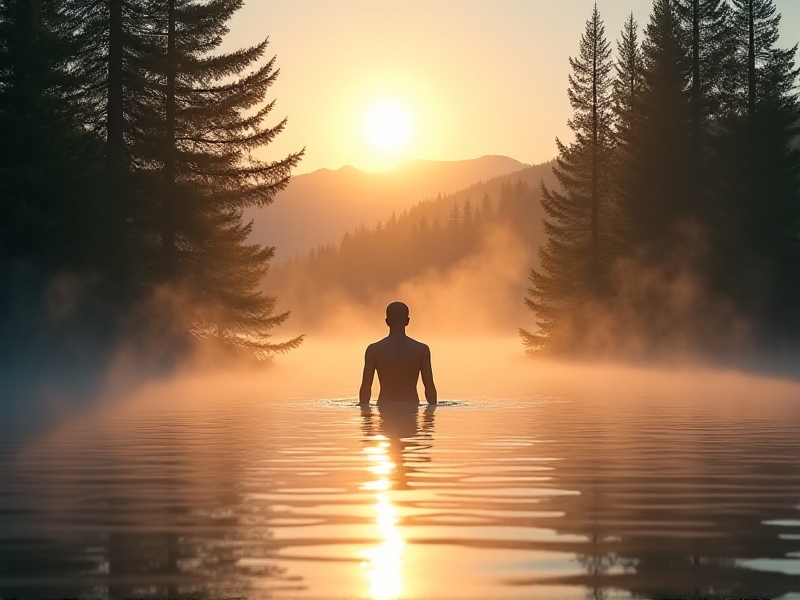 A silhouetted figure wading into a misty lake at sunrise, golden light reflecting on ripples. Pine trees frame the scene, with steam rising from the swimmer’s skin. Peaceful yet invigorating mood, captured in a realistic photo style with warm-cool color contrast and soft focus on distant mountains.