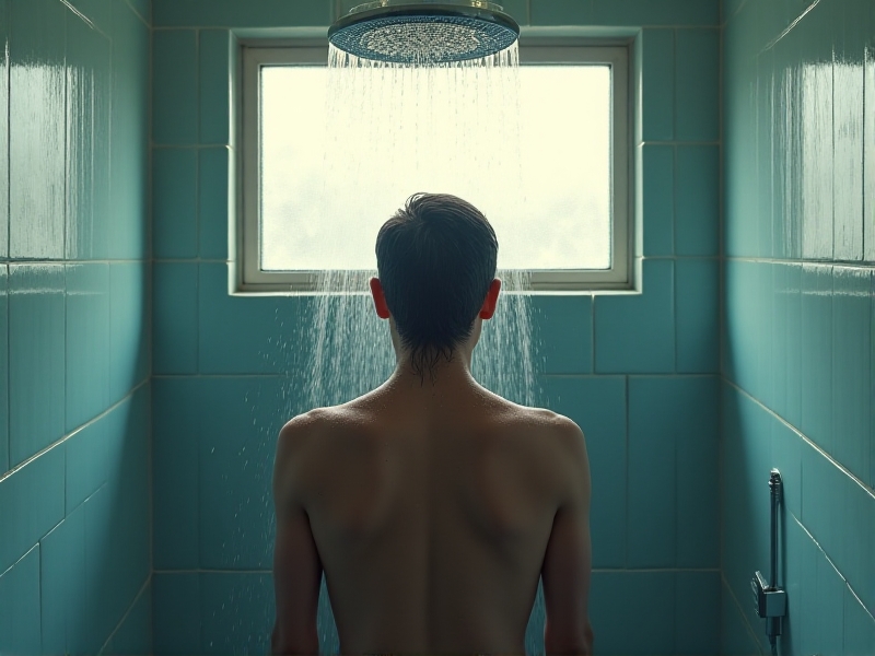 A person standing under a cold hotel shower, gripping a tile wall as water cascades. Early sunlight streams through a frosted window, casting prismatic reflections. Realistic photo with sharp droplets, visible goosebumps, and dynamic contrast between warm ambient light and cool water tones.