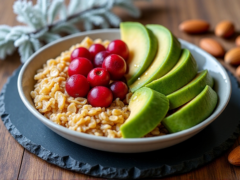 A split-image composition: On the left, a bowl of steaming oatmeal with berries and honey sits on a wooden table, representing carbohydrates. On the right, sliced avocado and almonds on a slate plate symbolize healthy fats. The background transitions from warm golden hues (carbs) to deep greens (fats), separated by a frost-covered branch.