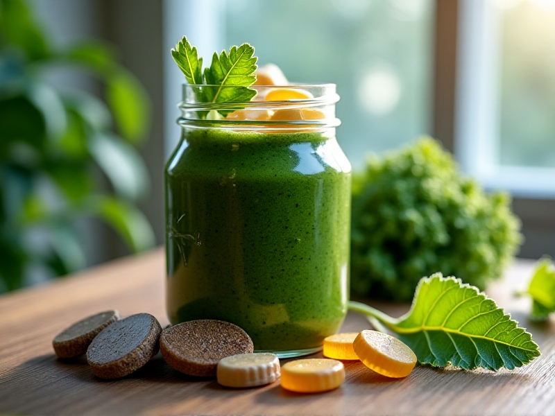 A close-up of a vibrant green smoothie in a mason jar, filled with kale, chia seeds, and ginger slices. Beside it, supplements like zinc lozenges and omega-3 capsules rest on a frost-rimmed leaf. Sunlight filters through icy windowpanes, casting prismatic reflections on the table.
