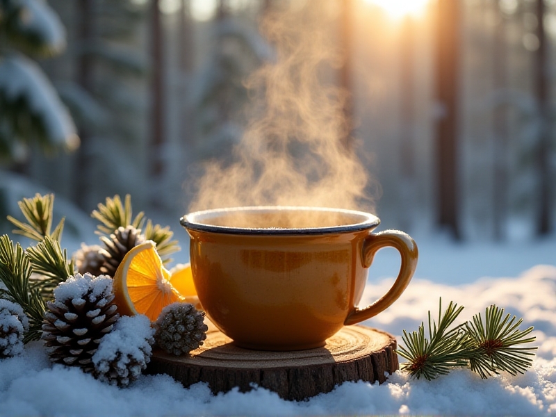 A steaming mug of herbal tea with lemon slices and honey drips, surrounded by snow-dusted pine cones. Condensation glistens on the mug’s surface, contrasting with the frosted woodland backdrop. A bottle of electrolyte tablets lies nearby, partially buried in snow.