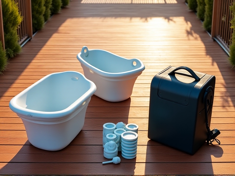 Three portable cold plunge products displayed on a wooden deck: a collapsible silicone tub with a carry strap, an inflatable PVC ice bath with a pump, and a sleek black cooler-style unit with temperature controls. Each product is shown in a modern, minimalist design under bright natural light, surrounded by ice packs and a travel backpack.