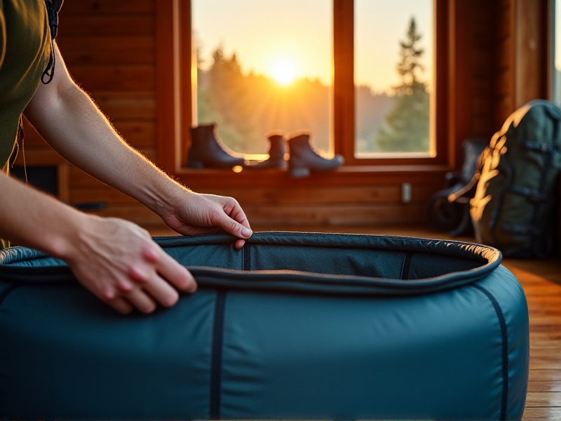 Close-up of a traveler’s hands assembling a portable cold plunge tub. The product’s reinforced seams, insulated lining, and heavy-duty zipper are highlighted. The gear is shown in a rustic cabin setting with a backpack and hiking boots nearby, lit by warm golden-hour sunlight streaming through a window.