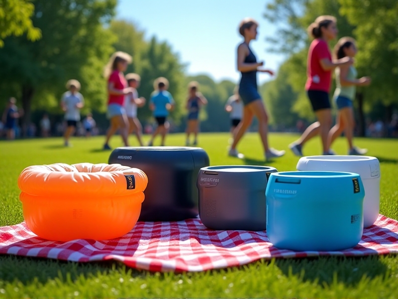 A comparison shot of five leading portable cold plunge units arranged on a checkered picnic blanket in a park. Products vary in size and color, from a neon orange inflatable tub to a matte-black hybrid cooler. Each has a tag showing its weight and capacity. The scene is vibrant and dynamic, with families jogging nearby.