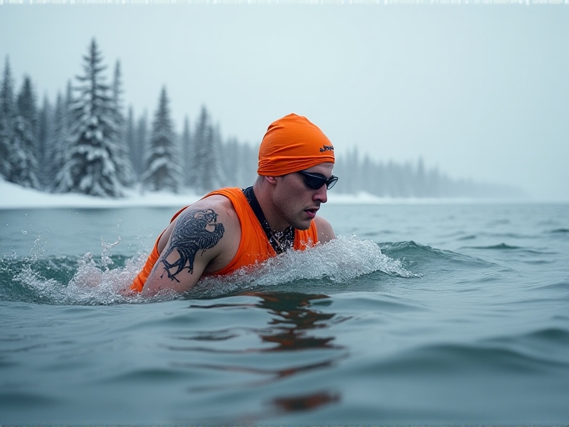 An endurance swimmer in a bright orange swim cap performs a compact breaststroke kick in steel-gray arctic waters, their streamlined body position minimizing heat loss. Snow-covered pine trees line the distant shore under an overcast sky, with breath visible as vapor in the freezing air.