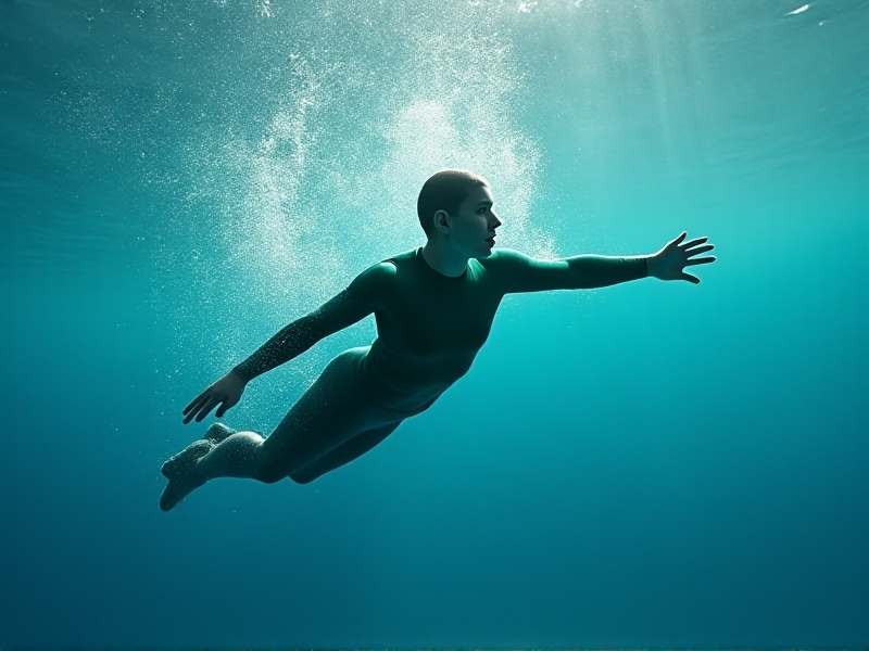 A side-view underwater shot of a swimmer in a green thermal rashguard maintaining perfect horizontal alignment in icy blue water, air bubbles trailing from their controlled exhalation. Pale winter light penetrates the surface, creating ethereal rays around their heat-conserving streamlined form.
