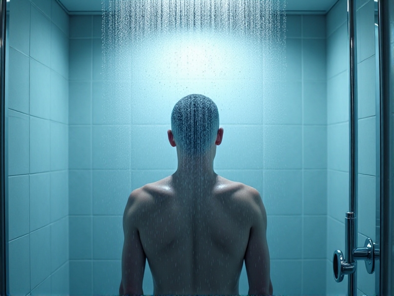 Close-up of a shower handle turned fully to cold, water droplets splashing against fogged glass. A blurred figure stands under the stream, shoulders taut but posture upright. Chrome fixtures and white tiles create a clinical setting, with cool lighting emphasizing the bracing experience.