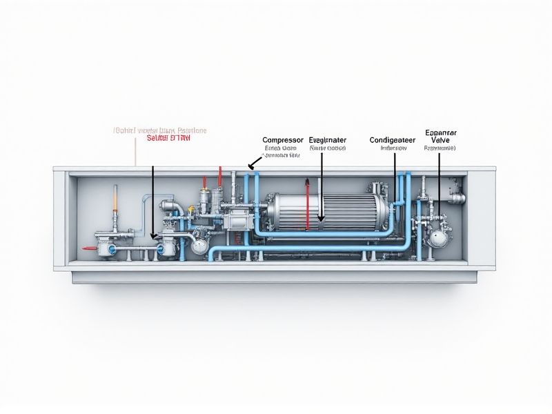 A technical cross-sectional diagram of a water chiller system in a minimalist vector style. Labels highlight the compressor, evaporator, condenser, and expansion valve, with blue and red arrows indicating refrigerant flow against a white background. The design balances educational clarity with aesthetic simplicity.