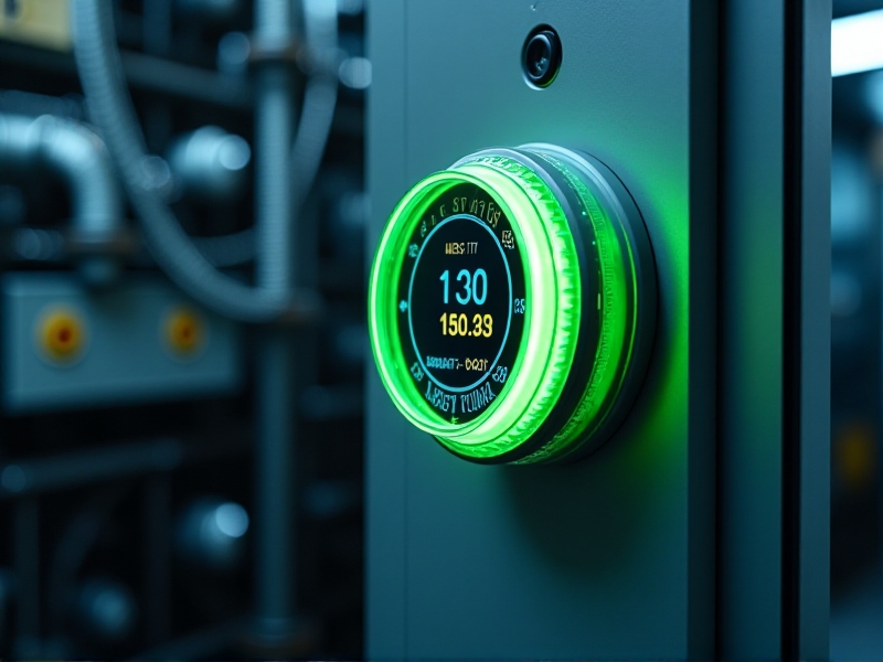 A digital energy meter attached to a chiller system, displaying real-time kWh consumption. The meter’s green LED glow contrasts with the chiller’s metallic surfaces, symbolizing energy monitoring and cost-saving initiatives in an industrial setting.
