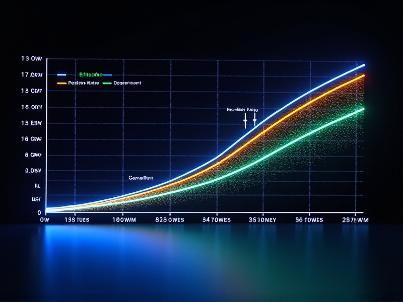 A line graph comparing COP and EER values across three chiller models, with neon colors against a dark background. Annotations highlight peak efficiency points, illustrating performance differences in a visually engaging format for technical audiences.