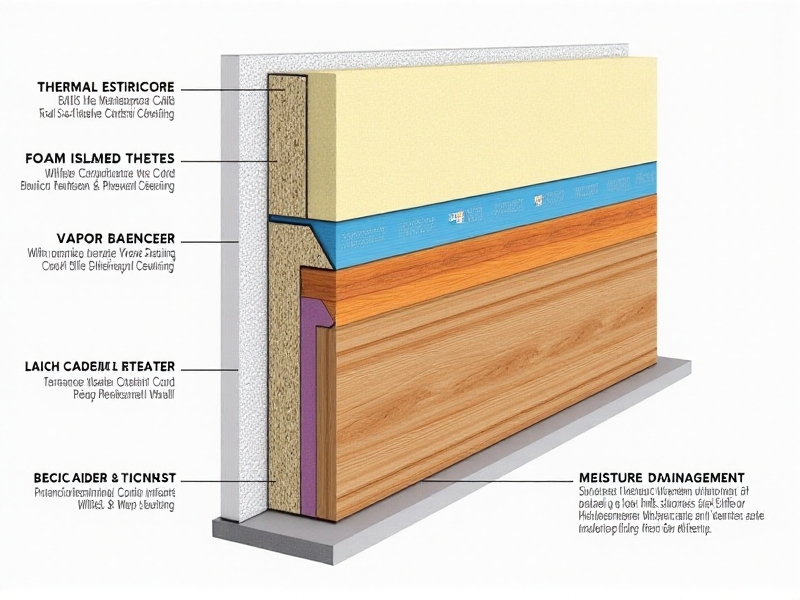 A cross-sectional diagram of an insulated plunge enclosure wall, showcasing layers: exterior weatherproof cladding, foam insulation core, vapor barrier, and interior cedar paneling. Annotations detail thermal resistance values and moisture management features, rendered in a technical illustration style with vibrant color coding.