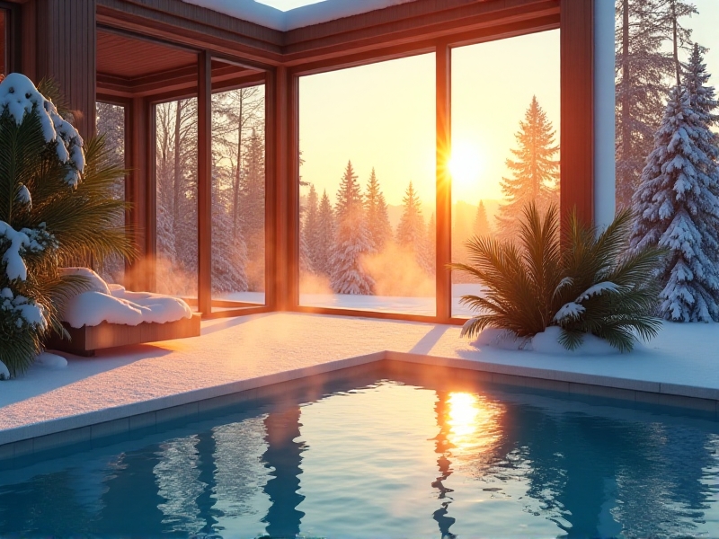 An angular plunge enclosure with floor-to-ceiling south-facing windows capturing golden-hour sunlight. Snow blankets the surrounding landscape, but the interior remains lush with tropical plants, steam rising from the plunge pool. The image emphasizes solar gain and climate contrast.