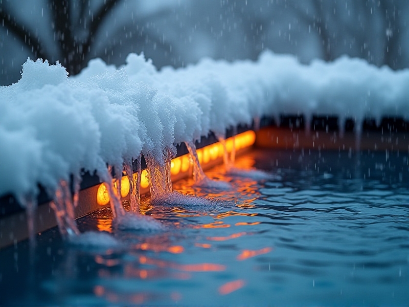 Close-up of a plunge enclosure's roof edge during a winter storm, showing melting snow cascading over a concealed gutter system. Ice formations cling to the overhang while the interior remains dry, highlighted by warm LED lighting reflecting off the water's surface.