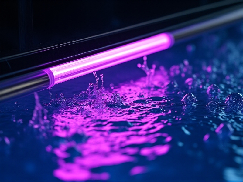 A close-up of a UV-C light unit inside a filtration system, emitting a violet glow through transparent tubing. The surrounding water appears crystal-clear, with bubbles suggesting active circulation. The style is futuristic, focusing on technological precision.