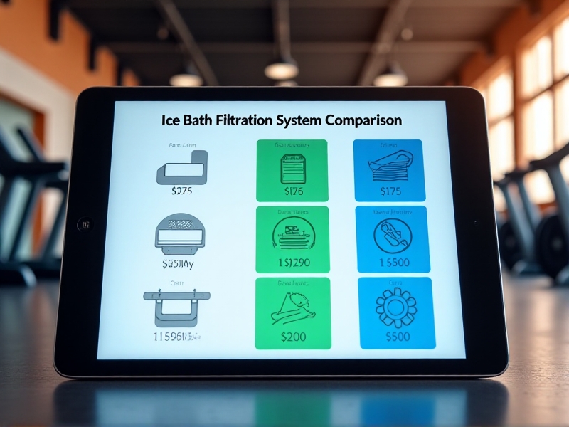 A comparison chart on a tablet screen, showcasing different ice bath filtration systems with icons representing size, cost, and maintenance. The background features a blurred gym environment, emphasizing practicality and informed decision-making.