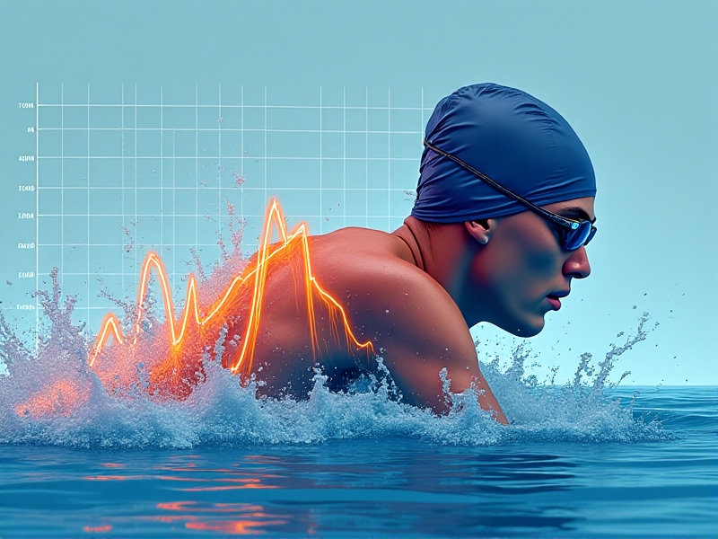 An infographic overlay on a swimmer's shoulder showing a line graph of body temperature fluctuations during a 1500m freestyle race, with peaks colored orange and dips in blue, set against a digital watch displaying split times.