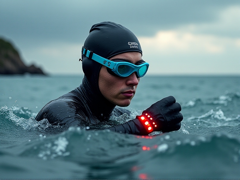 An open-water swimmer in a choppy gray sea glances at a wearable device on their wrist flashing red LED alerts, with an inset map showing dropping temperature zones, under stormy skies with faint sunlight breaking through clouds.