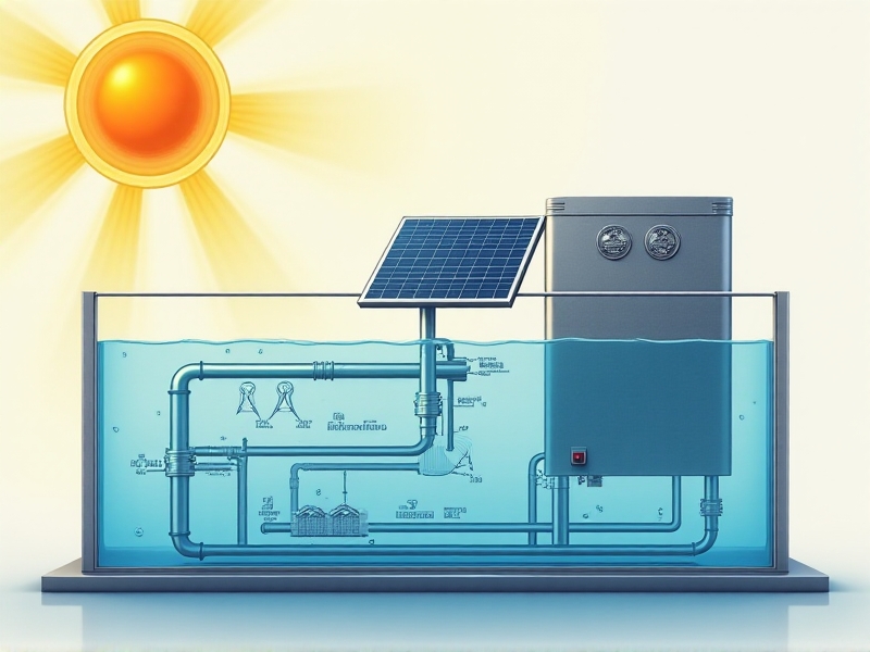 Technical illustration of a solar-powered ice bath cooling system, showing sunlight hitting photovoltaic panels connected to a battery bank and refrigeration unit. Arrows depict the flow of chilled liquid through coiled pipes inside a transparent insulated tank. The style is minimalist with labels in clean sans-serif fonts.