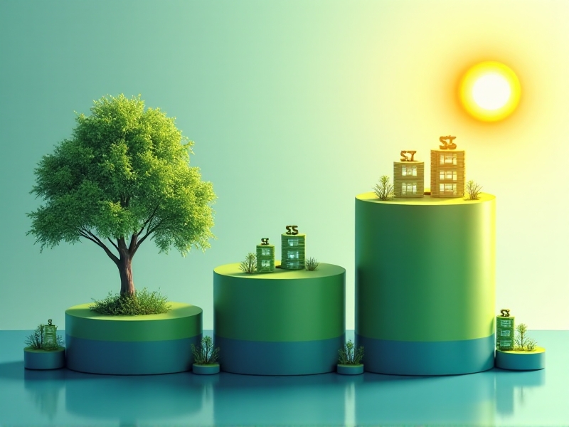 A bar graph comparing CO2 emissions and energy costs between traditional electric chillers and solar-powered ice bath systems, set against a gradient green background. Icons of trees and dollar symbols flank the graph, emphasizing environmental and economic benefits.