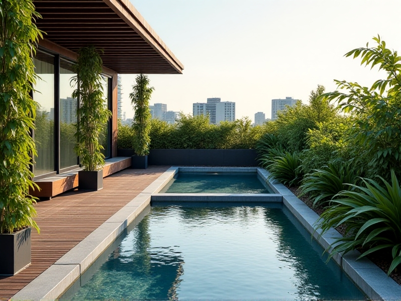 A solar-powered ice bath unit integrated into a rooftop terrace, with solar panels doubling as shade structures over a minimalist wooden deck. The tank is partially sunken into the ground, surrounded by potted plants, creating a seamless blend of technology and landscape design.