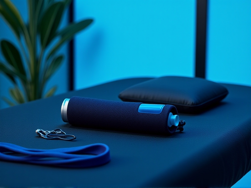 A neoprene wrist wrap with a removable ice pack, photographed on a massage table alongside resistance bands and a water bottle. Cool blue tones and crisp lighting evoke a clinical, therapeutic environment focused on recovery and health.