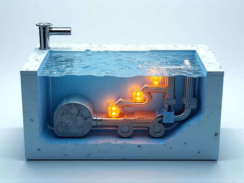 A technical cross-sectional diagram of an ice bath tub with layered labels highlighting components: a foot pedal release, overhead safety rail, and drainage valve. The design is rendered in cool blues and grays with glowing orange highlights on emergency features.
