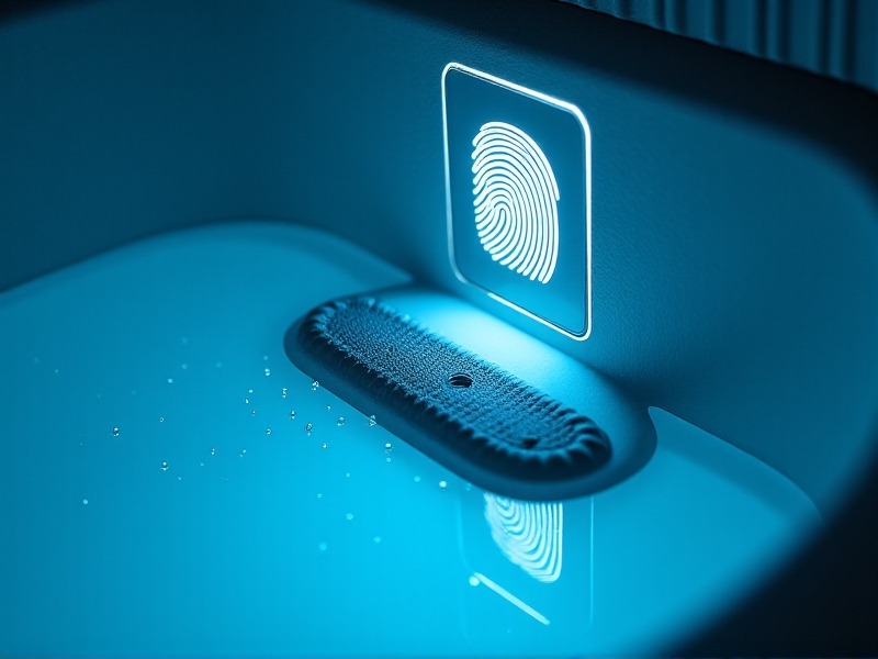 A close-up of a high-tech ice bath exit featuring a glowing biometric sensor panel and a textured rubber grip handle. The scene is bathed in futuristic cyan LED lighting, with condensation droplets on the panel reflecting the light.
