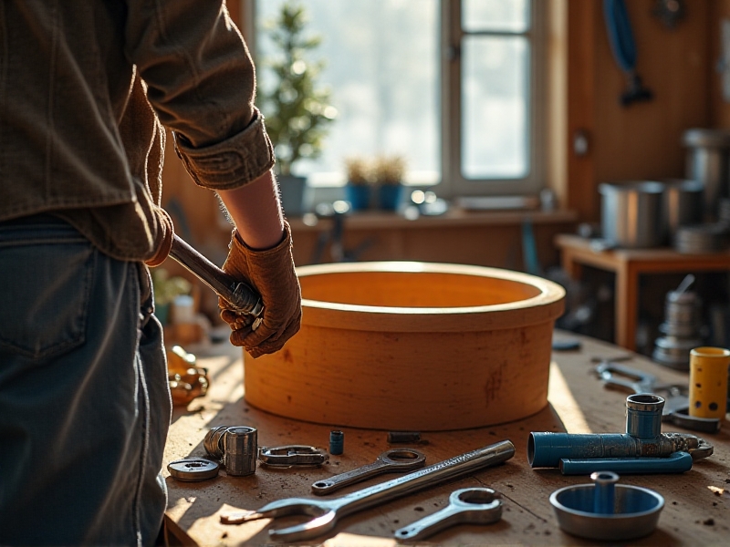A person in work gloves assembling a homemade ice bath exit using tools like wrenches and PVC pipes. The workspace is cluttered with parts, and winter sunlight streams through a nearby window onto the unfinished wooden tub.