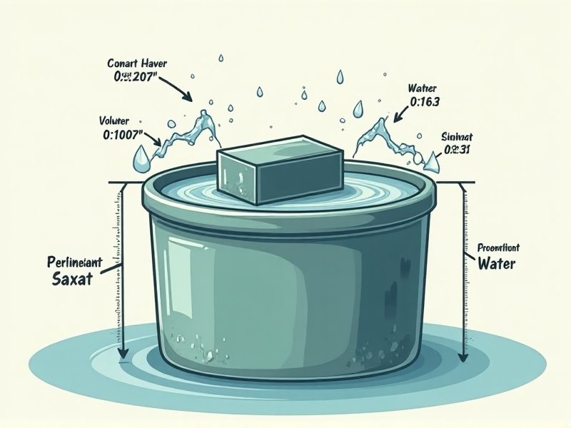 A detailed scientific illustration demonstrating Archimedes' principle, with a submerged object displacing water in a cylindrical container. Arrows indicate the volume shift, rendered in a clean, educational style with labels and annotations.