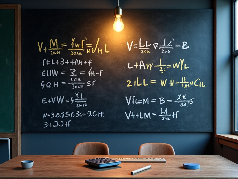 A chalkboard background with neatly written water displacement formulas using colored chalk. Variables like V = L × W × H are highlighted in yellow, accompanied by a ruler and calculator on a wooden desk nearby.