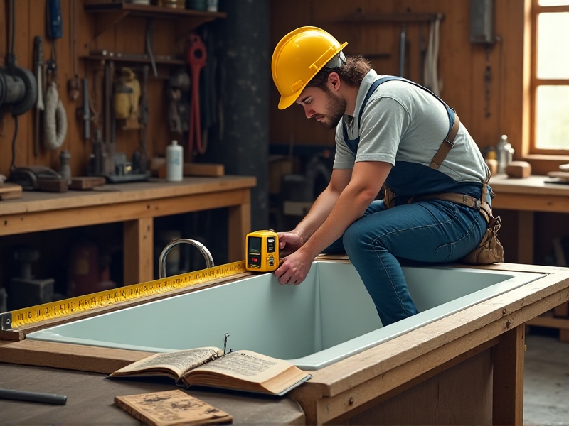 A person using a digital laser measuring device to calculate the dimensions of a rectangular plunge tub. The scene includes a notebook with handwritten notes and a tape measure resting on the tub's edge, set in a garage workshop with natural light streaming through windows.