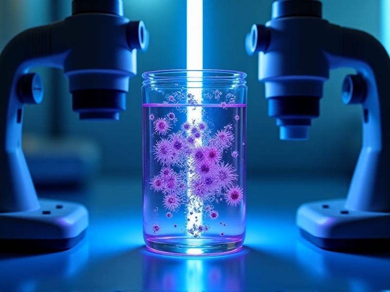 A cross-sectional diagram of a UV water purifier in a modern laboratory setting. A beam of ultraviolet light at 254 nm wavelength penetrates a water sample, with glowing DNA strands of bacteria and viruses shattering upon contact. The illustration uses cool blue and purple tones to highlight the disinfection process, blending technical accuracy with visual simplicity.