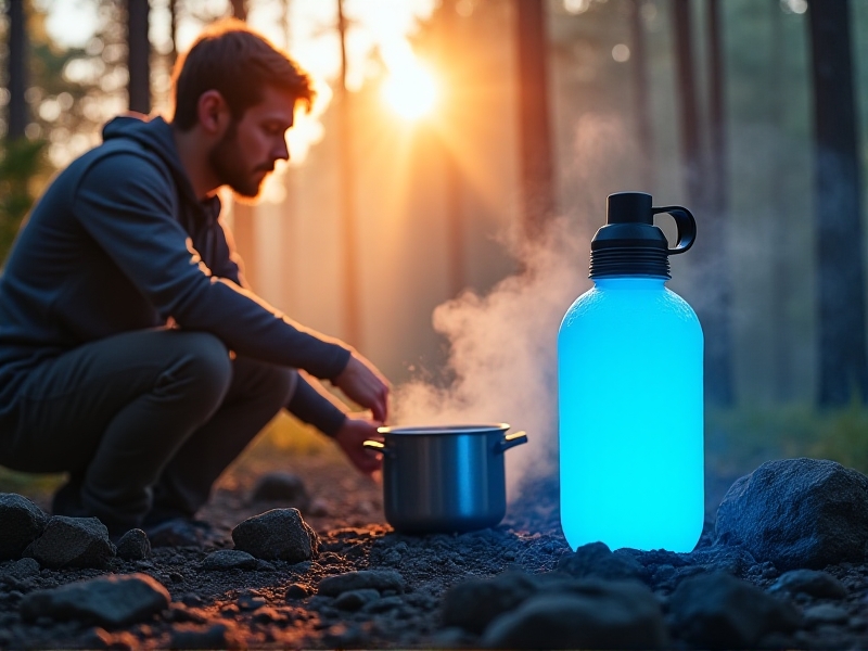 A split-image comparison in a campsite environment. Left side shows a hiker boiling water over a smoky fire with a metallic pot, while the right side features a handheld UV device glowing blue as it treats water in a clear bottle. Morning mist lingers in the pine forest backdrop, with equipment like chlorine tablets and ceramic filters displayed between the scenes.