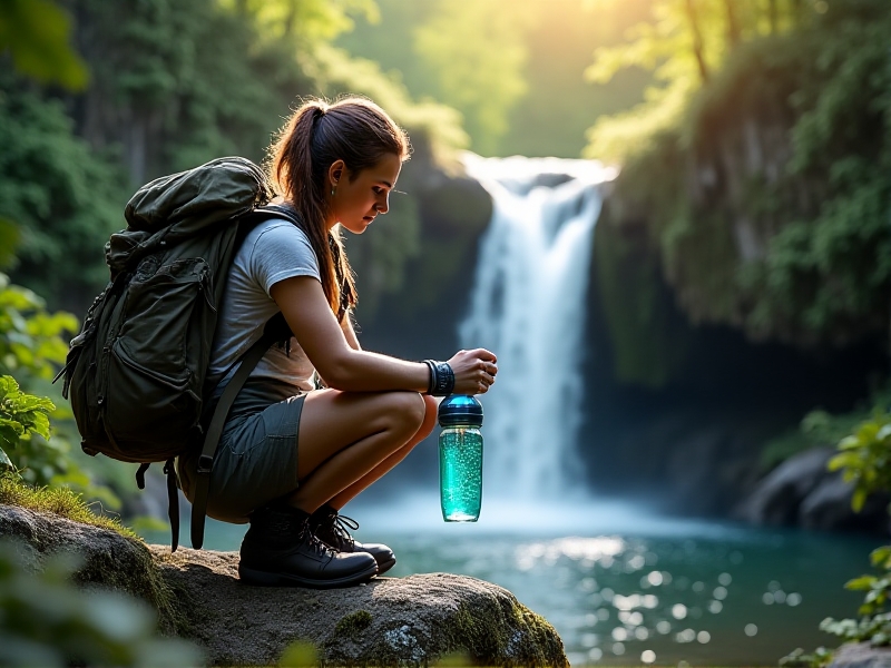 A backpacker in a sun-dappled forest crouches beside a waterfall, using a UV sterilizer pen inside a translucent water bottle. The device emits a soft blue light, with a faint digital readout showing 'SAFE' in green. Hiking gear, including a map and compass, lies on a rock nearby, conveying preparedness for wilderness hydration challenges.