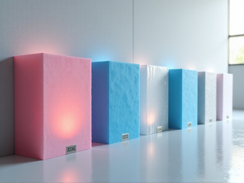 Samples of insulation materials arranged side-by-side: pink EPS foam, blue XPS, silver polyiso panels, and translucent aerogel. Natural light showcases textures, with labels indicating R-values for each.