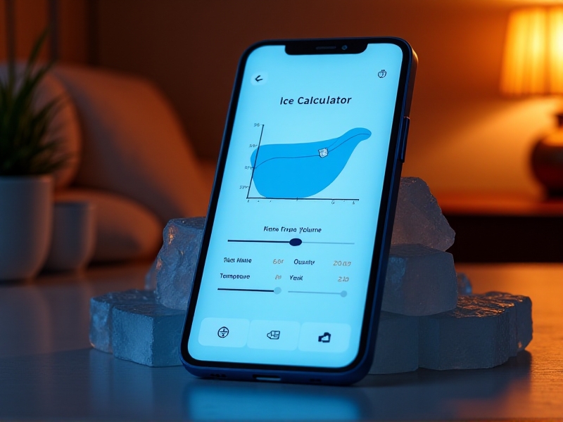 A smartphone screen displaying an ice calculator app with interactive sliders for tub volume, water temperature, and ice quantity. The interface uses a minimalist blue-and-white design, with a dynamic graph updating in real-time as inputs change. Warm ambient lighting highlights the phone’s glass screen, suggesting usability in home or gym settings.