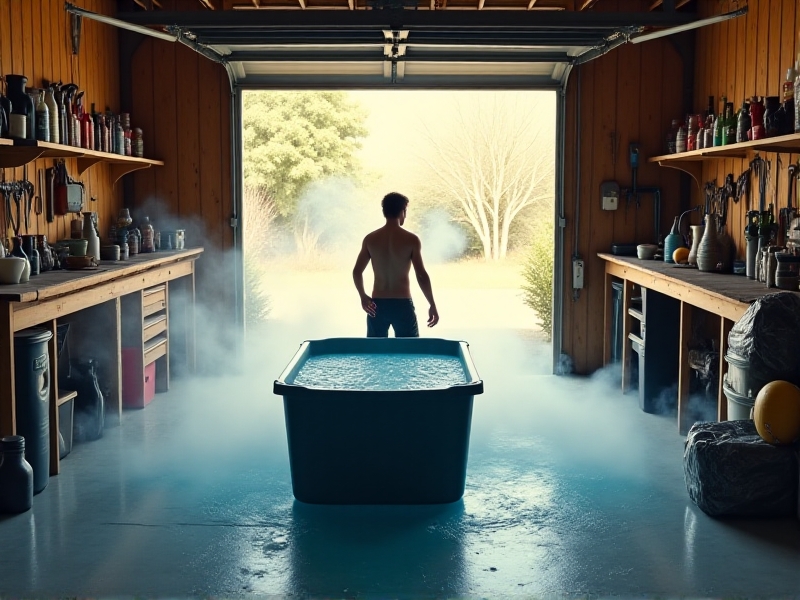 A rustic garage workspace with a large plastic stock tank filled halfway with water. A person in workout clothes pours a 20-pound bag of ice into the tank, creating dramatic plumes of vapor. Tool racks and gardening supplies line the walls, contrasting the makeshift yet functional approach to cold therapy.