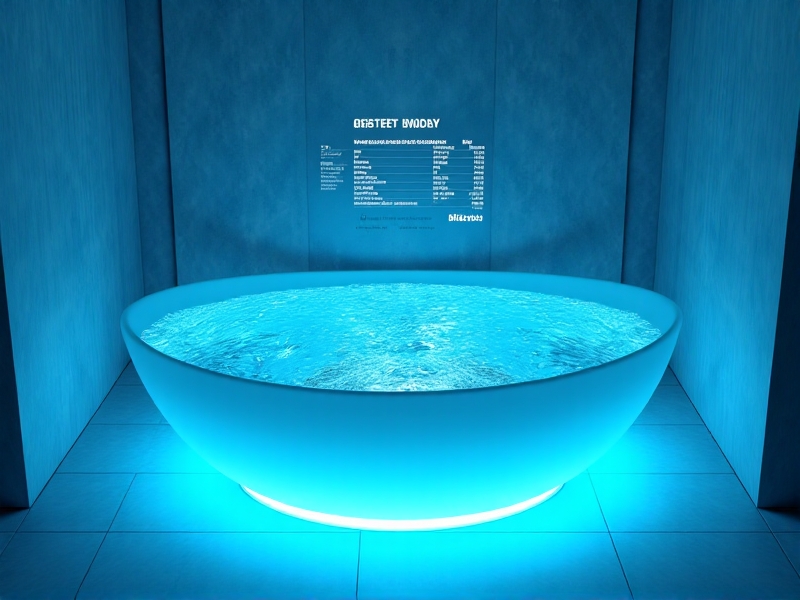 A futuristic bathroom with a transparent acrylic ice bath tub embedded with LED temperature displays. A wristband-style biometric sensor glows softly on the user’s arm, syncing data to a holographic dashboard above the tub. Cool blue lighting and geometric tile patterns evoke a cutting-edge, tech-forward approach to recovery therapy.