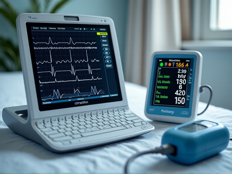 A photorealistic collage of medical devices: a 12-lead ECG machine with printed readouts, a blood pressure monitor displaying numerical values, and a handheld Doppler probe assessing peripheral pulses. The backdrop is a neutral clinic room with muted tones, emphasizing professionalism and diagnostic accuracy.