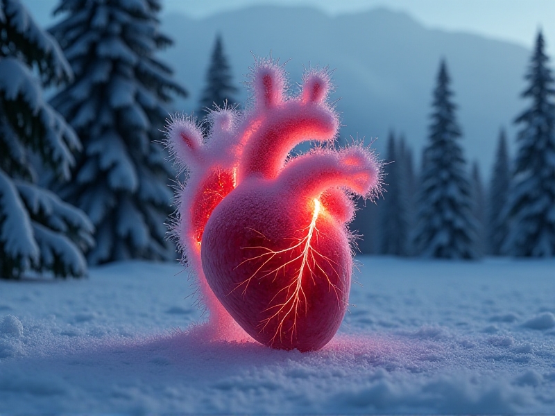 A digital painting of a human heart surrounded by icy textures, with frost creeping along coronary arteries. The heart glows faintly red against a dark blue winter landscape, symbolizing the contrast between warmth and cold. Cracks in the ice represent vascular strain, creating a metaphorical visualization of cardiac stress.