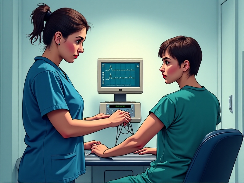A dynamic scene of a healthcare professional adjusting ECG electrodes on a patient's chest during a stress test. The room features a treadmill in the background and a monitor displaying heart rate graphs. Cool-toned lighting highlights the clinical environment, with focus on the interaction between technology and human physiology.
