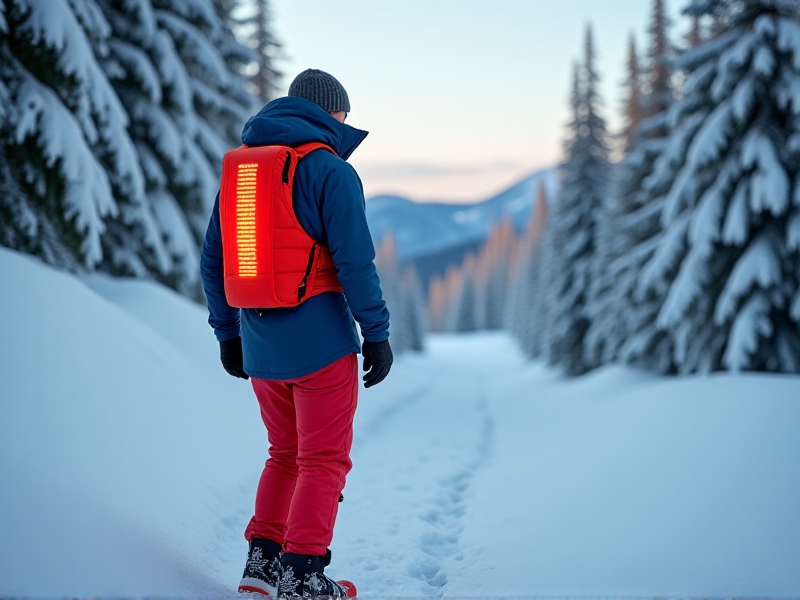An outdoor adventurer bundling in layered thermal clothing, adjusting a high-tech heated vest beside a snowy trail. Style: dynamic action shot with crisp winter lighting and vibrant pops of color from gear. Keywords: cold-weather gear, layered clothing, outdoor safety.