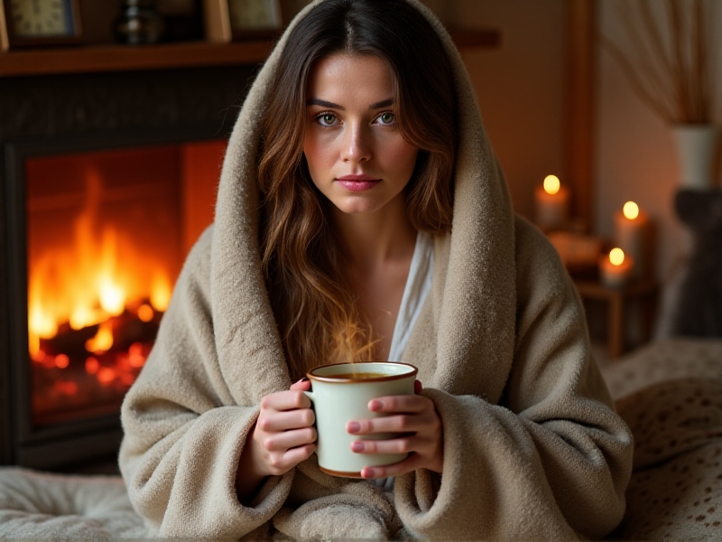A person wrapped in a thick wool blanket sipping herbal tea near a crackling fireplace, with heat packs visible on their torso. Style: cozy, intimate atmosphere with soft golden-hour lighting. Keywords: core warming, recovery, heat therapy.