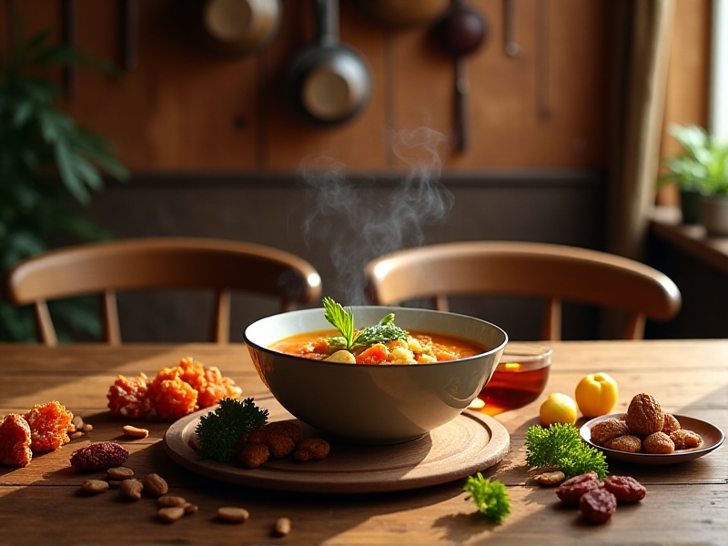A rustic table setting featuring a steaming bowl of vegetable soup, a thermos of tea, and nutrient-dense snacks like nuts and dried fruit. Style: rustic kitchen aesthetic with natural wood textures and warm ambient light. Keywords: post-recovery nutrition, hydration, whole foods.