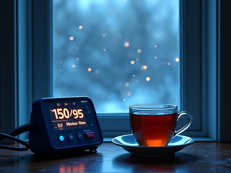 A conceptual image of a blood pressure monitor placed on a frosty windowsill, with snowflakes visible outside. The monitor displays elevated readings (150/95 mmHg) alongside a steaming cup of tea. The scene uses cool blue tones contrasted with warm amber lighting to symbolize the clash between cold exposure and internal stress.