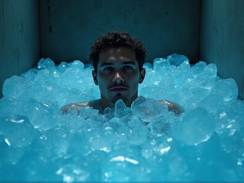 An dramatic underwater view of a person submerged in an ice-filled bathtub, their face showing tension with visible breath bubbles. The water has a crystalline blue hue, with ice chunks floating near the surface. The surrounding room has minimalist concrete walls and soft diffused lighting, creating a modern yet clinical atmosphere.