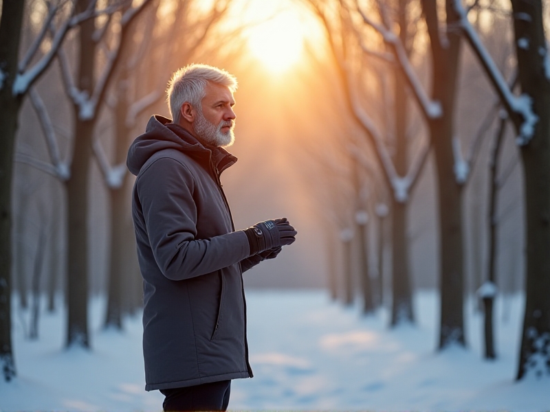 A middle-aged person wearing thermal layers and a winter hat, holding a digital blood pressure cuff while standing in a sunlit forest clearing with light snow. Their breath is visible in the cold air, and the scene has a balanced composition of warm sunlight filtering through winter-bare trees onto a pristine snow cover.